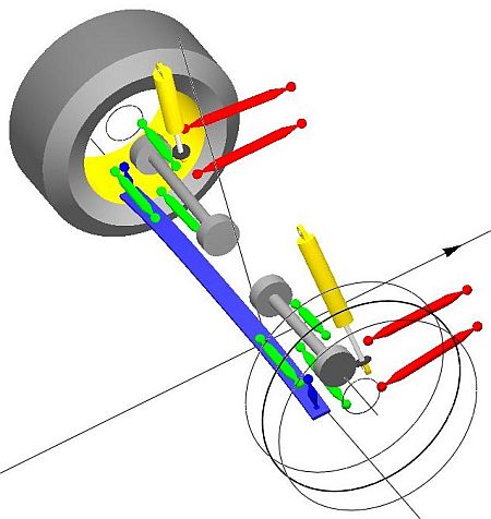 Upper and lower lateral links, twin trailing links, toe link [Rear]As used on the Chevrolet Corvette C4 rear with the drive shaft acting as the upper lateral link and leaf spring.